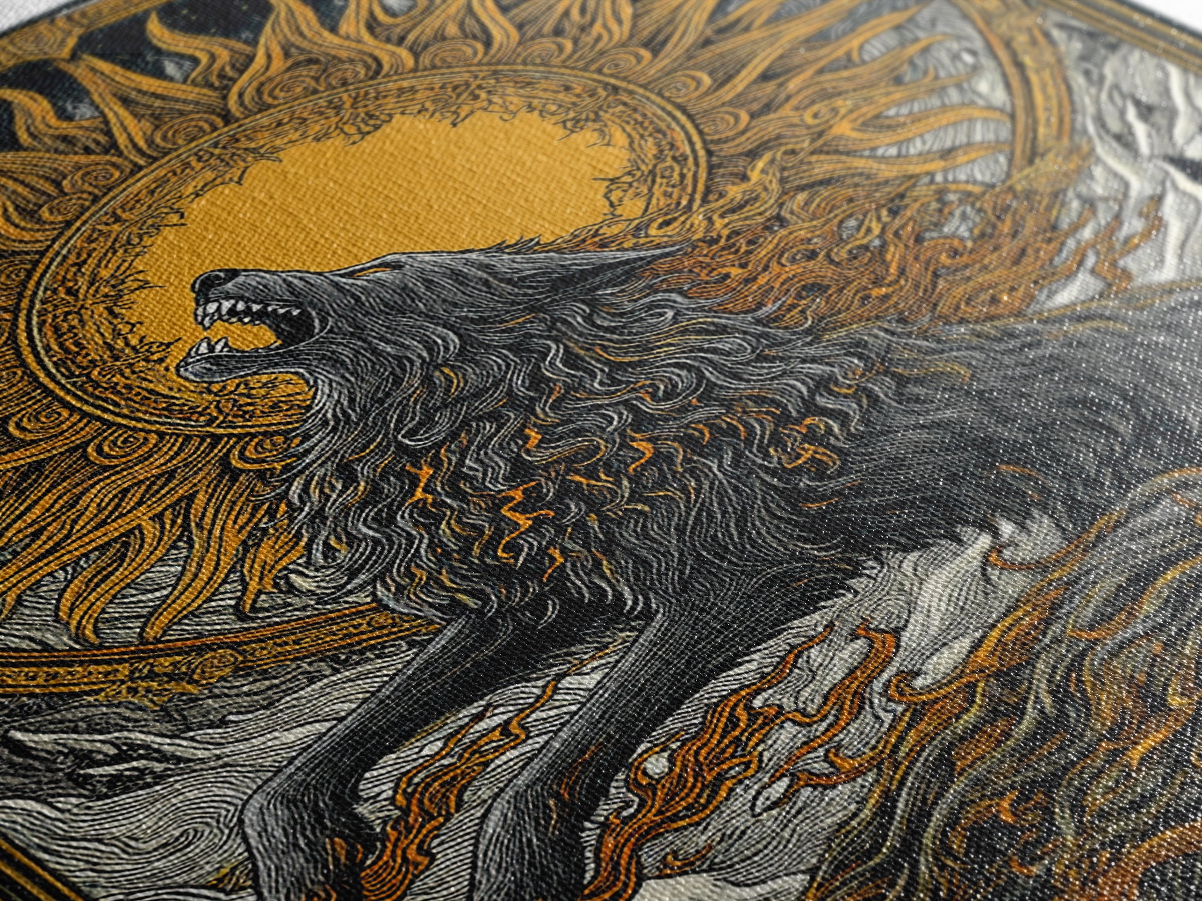 Fenrir Wolf Ragnarok Canvas Art, Canvas Gold Art with Norse Mythology Theme, Viking Wolf Office Wall Decor framed in real wood