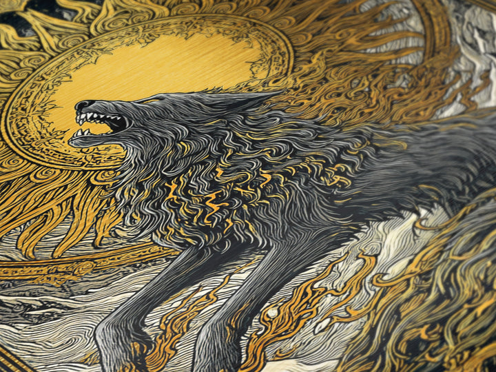 Fenrir Wolf Ragnarok Metal Art, Metallic Gold Art with Norse Mythology Theme, Viking Wolf Office Wall Decor framed in real wood