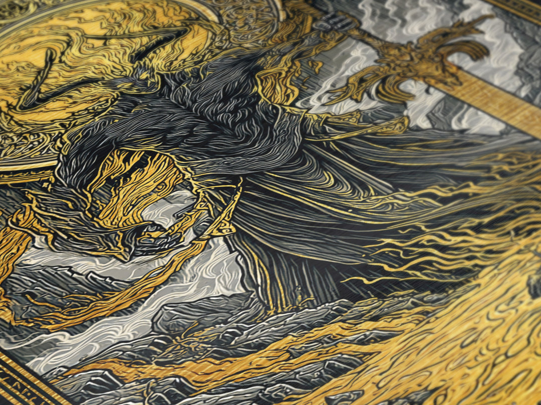 Surtur Fire Giant Norse Mythology Metallic Gold Art Viking Metal Art Dad Gift Office Wall Decor framed with natural real wood