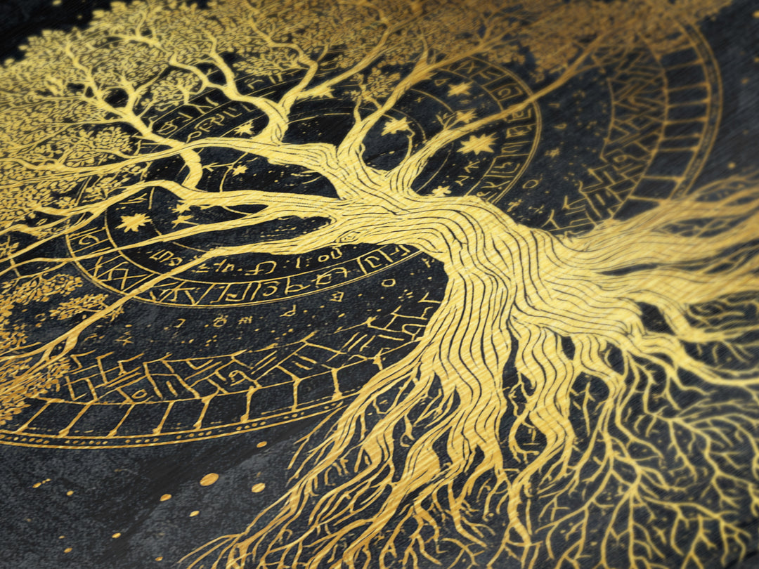 Nordic Yggdrasil Tree of Life Metallic Gold Art Metal Art with real wood frame, Norse Mythology Office Decor and Dad Gift Idea
