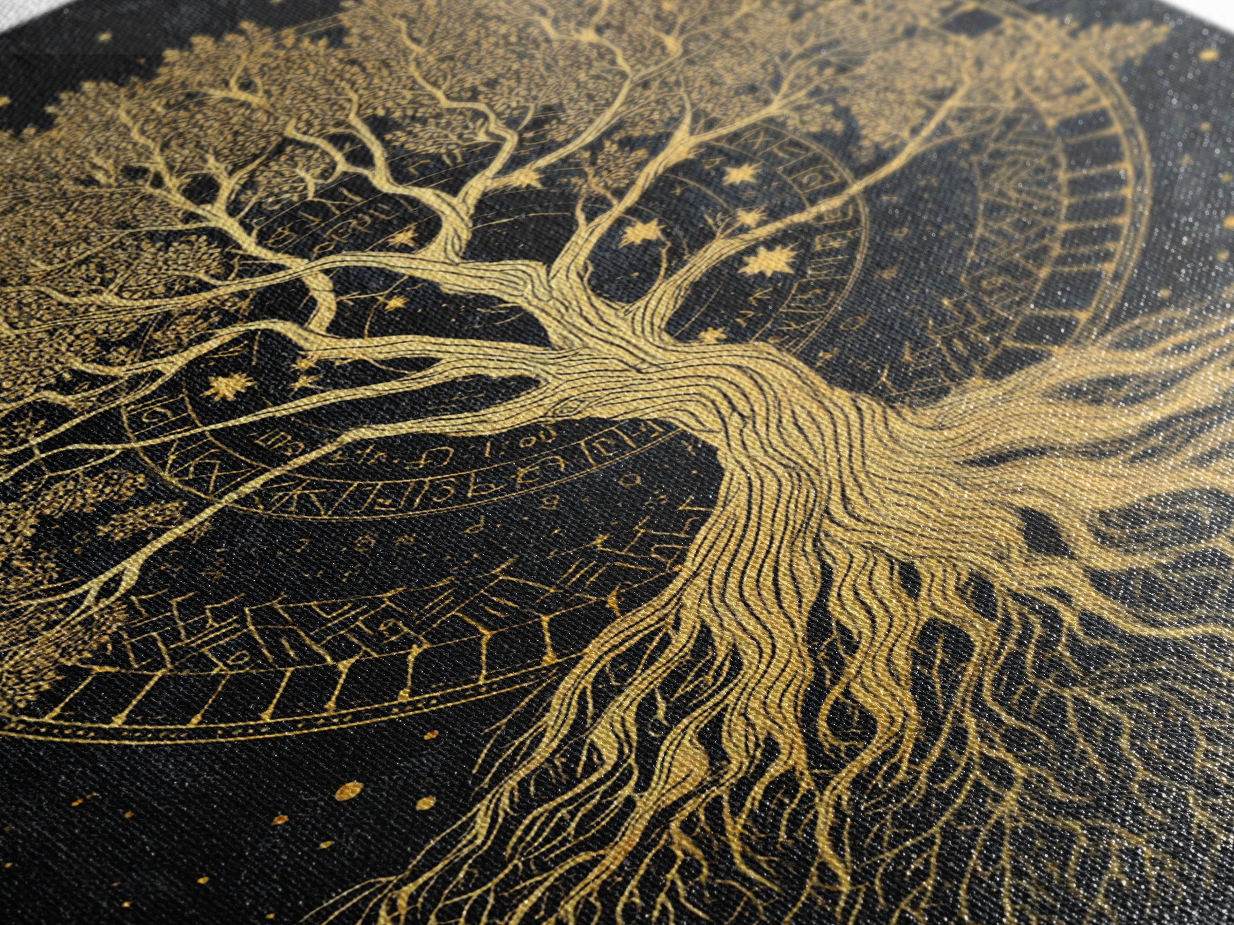 Nordic Yggdrasil Tree of Life Canvas Gold Art Canvas Art with real wood frame, Norse Mythology Office Decor and Dad Gift Idea