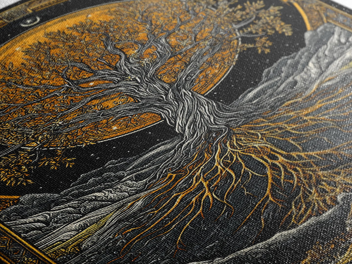 Cosmic World Tree Canvas Gold Art Canvas Art Viking Yggdrasil Norse Wall Art framed in real wood, Perfect for Man Cave Decor