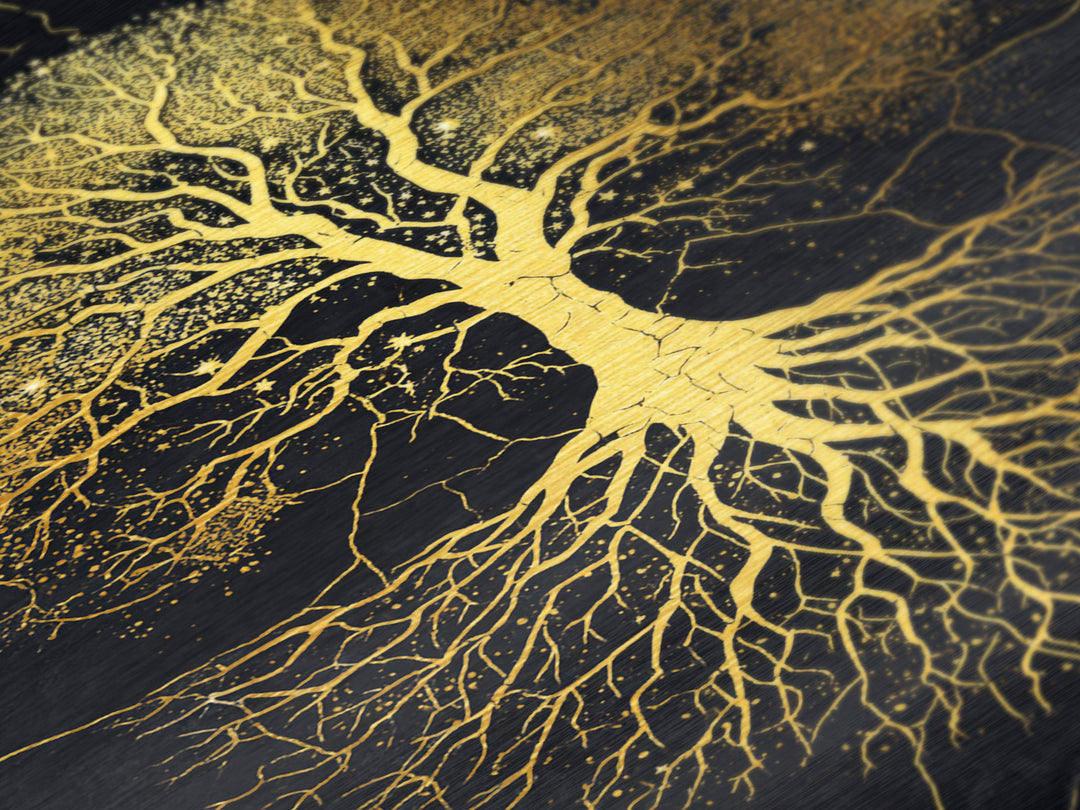 Norse Yggdrasil Tree Metallic Gold Art Metal Art Celestial Design with roots framed in real wood, Unique Office or Man Cave Art