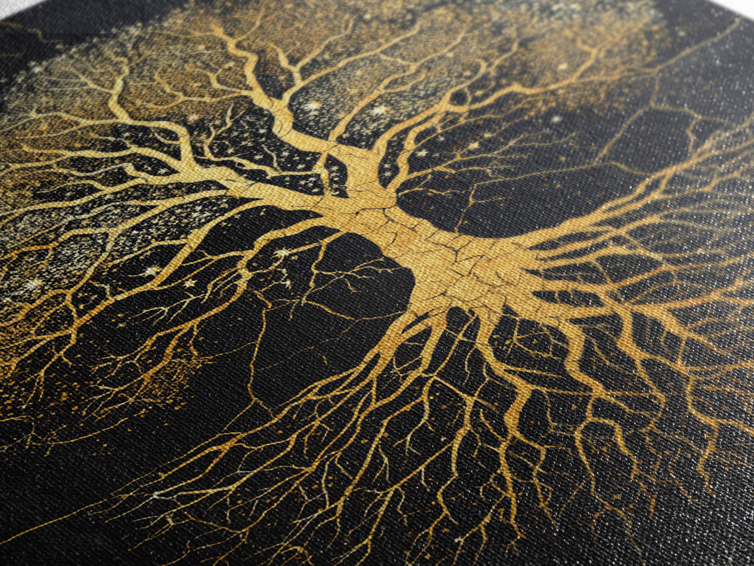 Norse Yggdrasil Tree Canvas Gold Art Canvas Art Celestial Design with roots framed in real wood, Unique Office or Man Cave Art