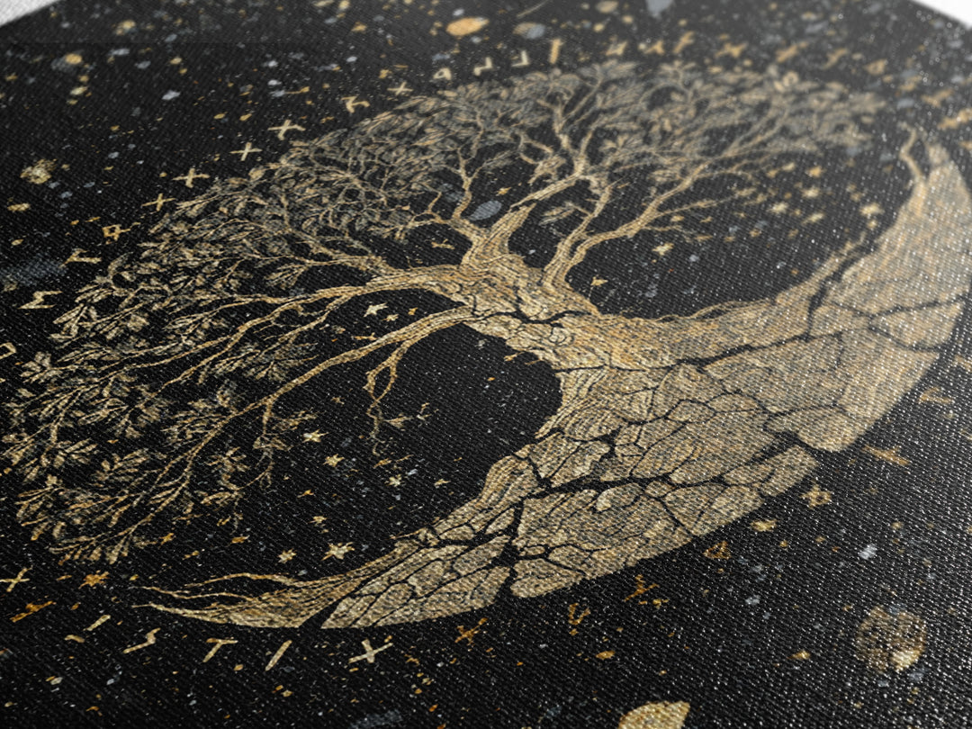 Yggdrasil World Tree Canvas Art Canvas Gold Art Norse Mythology Viking Decor Office Art Man Cave framed in handcrafted real wood