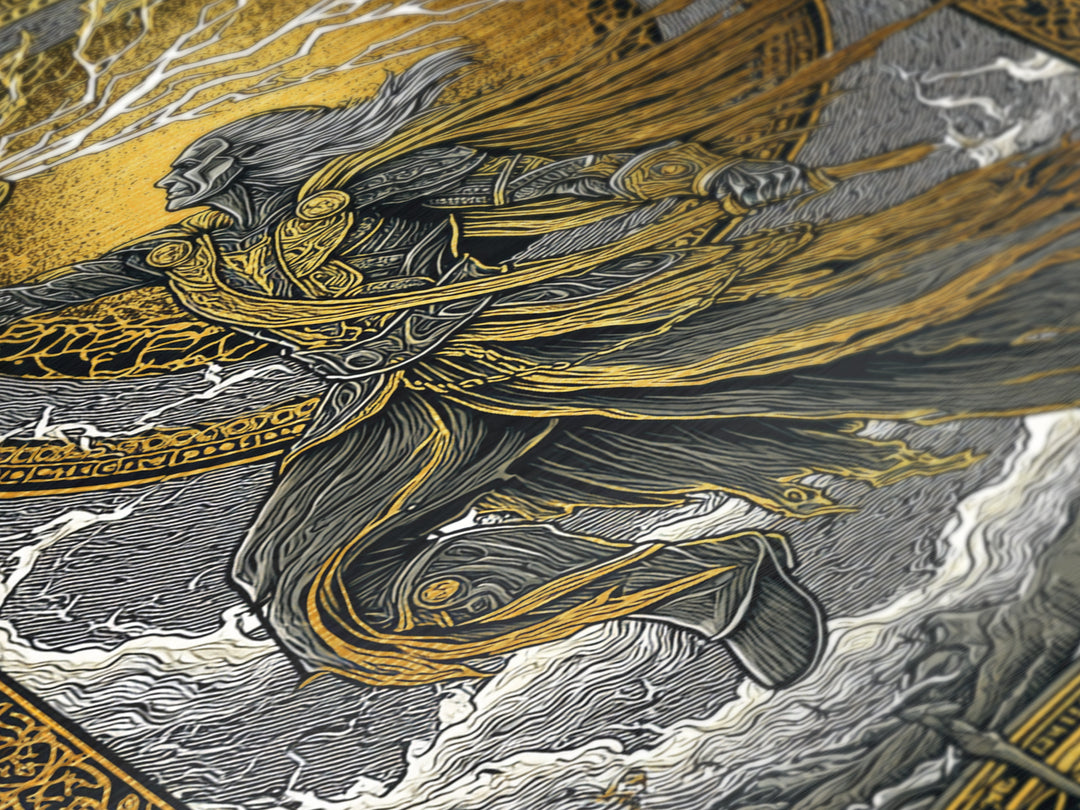 Viking Thor Strikes Metallic Gold Art Metal Art with real wood frame, Norse Mythology Wall Art Perfect for Man Cave or Office