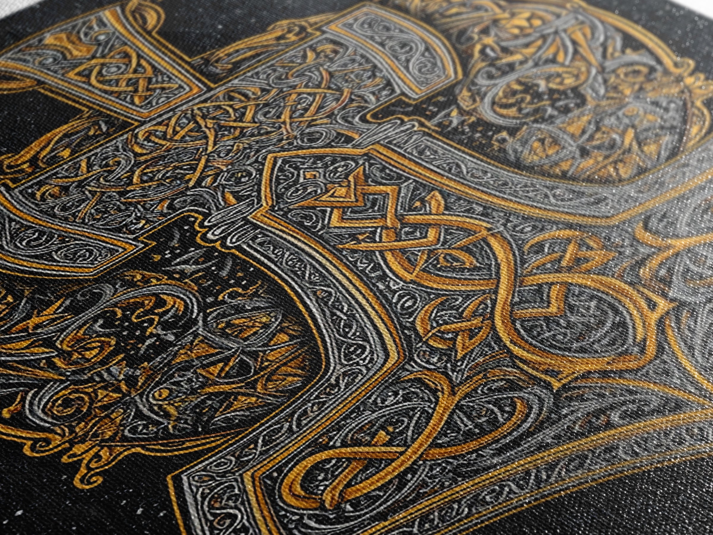 Norse Thor’s Hammer Canvas Gold Art Canvas Art Viking Mjolnir Pendant Design with real wood frame, Unique Man Cave Wall Decor