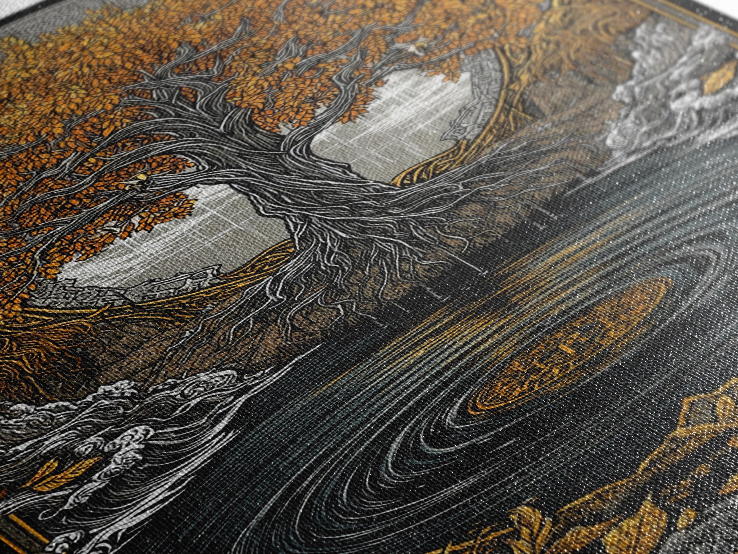 Urd and Yggdrasil Canvas Gold Art Canvas Art, Norse Norns Mythology Wall Art for Dad Gift Office Decor, with real wood frame