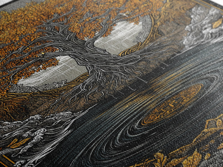 Urd and Yggdrasil Canvas Gold Art Canvas Art, Norse Norns Mythology Wall Art for Dad Gift Office Decor, with real wood frame