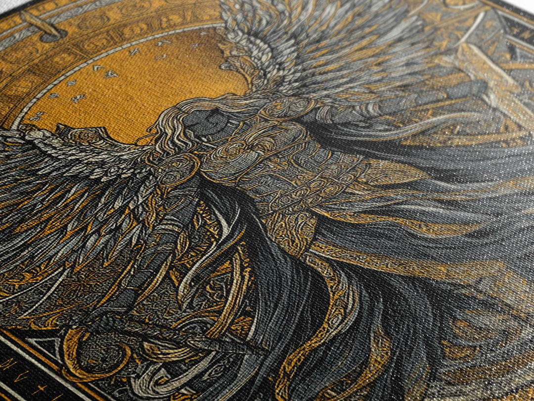Valkyrie Ascending Canvas Gold Art Canvas Art, Norse Mythology Winged Protector Wall Decor for Dad Gift Office Art, real wood frame