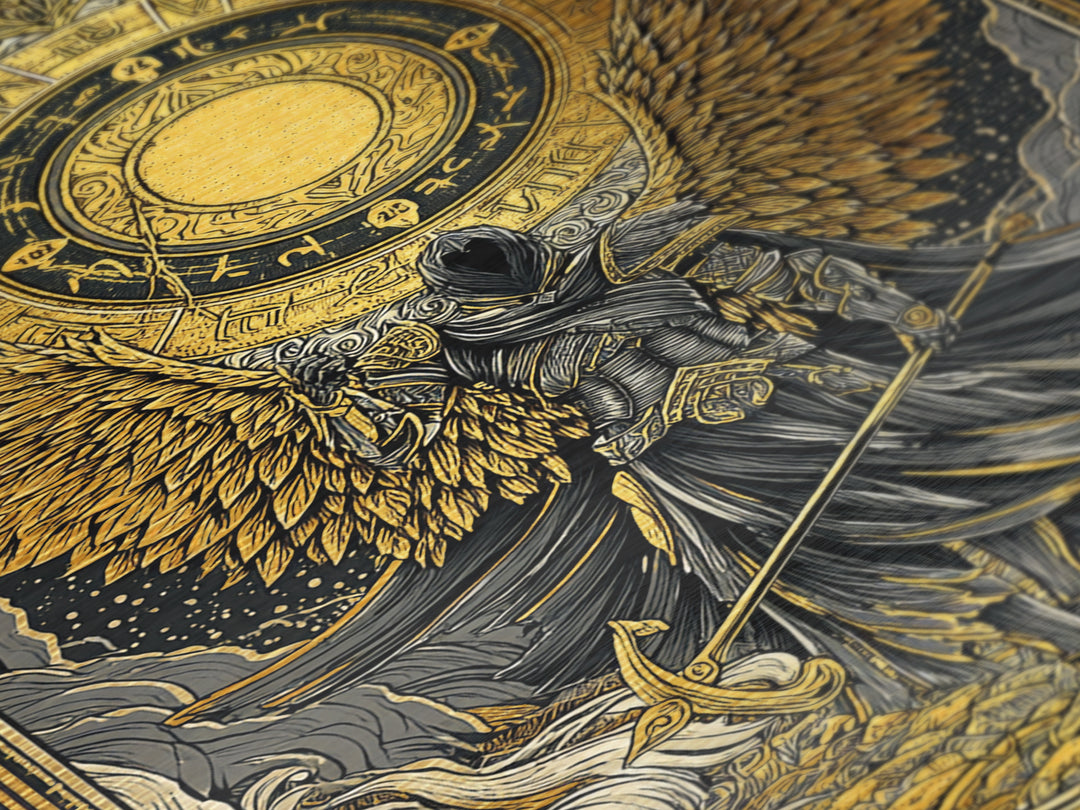 Norse Valkyrie Metallic Gold Art Metal Art, Nordic Mythology Winged Warrior Goddess Wall Art Office Decor Dad Gift, framed in wood