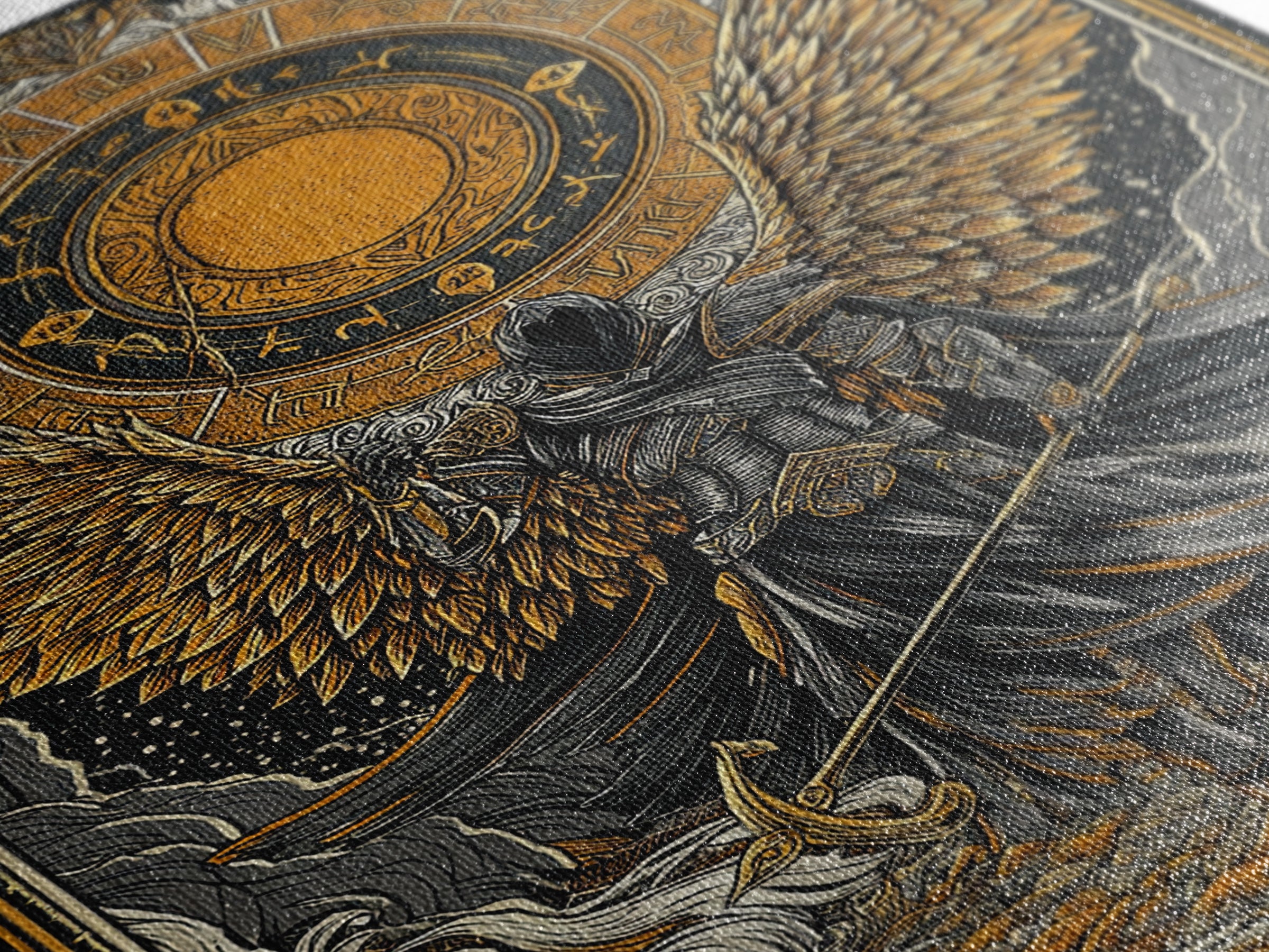 Norse Valkyrie Canvas Gold Art Canvas Art, Nordic Mythology Winged Warrior Goddess Wall Art Office Decor Dad Gift, framed in wood