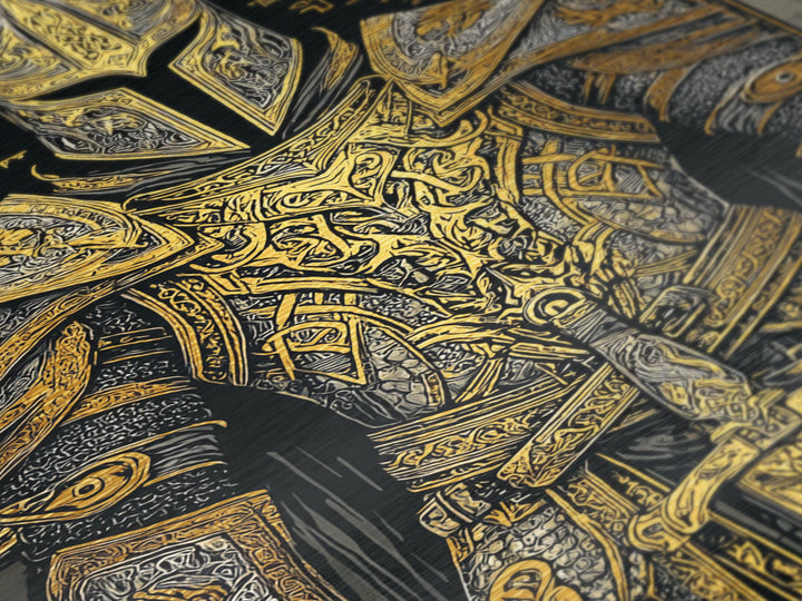 Nordic Knight Armor Metallic Gold Art, Mythology Metal Art Perfect for Man Cave Wall Decor, framed with handcrafted real wood