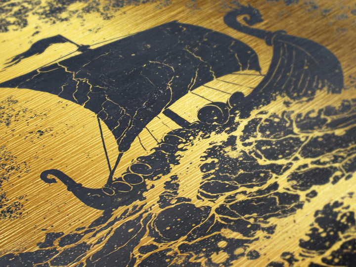 Bull Skull Nordic Totem Metallic Gold Art, Viking Metal Art with Mythology Detail, unique office decor framed in solid wood
