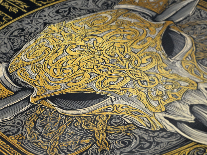 Rune Stone Metallic Gold Art, Ancient Viking Mythology Metal Art Perfect for Office or Dad Gift, framed with handcrafted wood