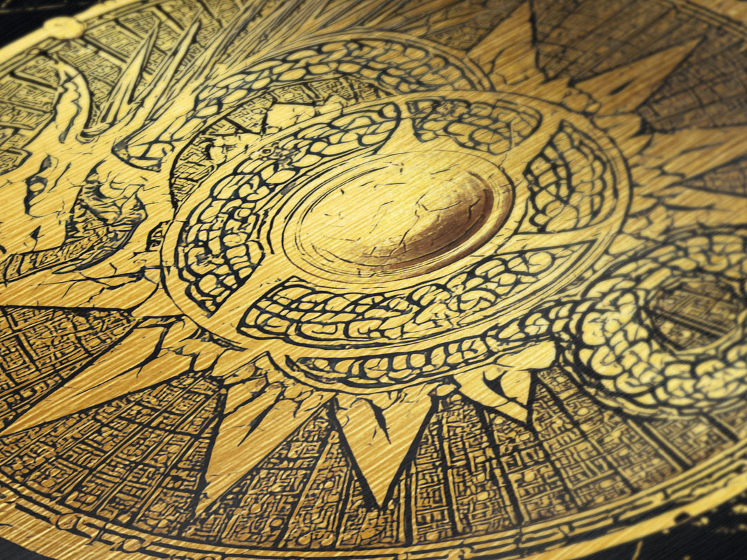Norse Dragon Shield Metallic Gold Art, Viking Inspired Metal Art for Men’s Office or Dad Gift, crafted with real wood frame