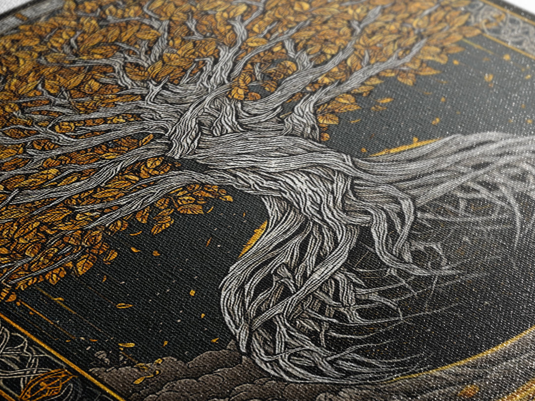 Canvas Gold Art Canvas Art Nordic World Tree Yggdrasil Norse Mythology Decor Viking Wall Art Man Cave Office Art with Real Wood Frame