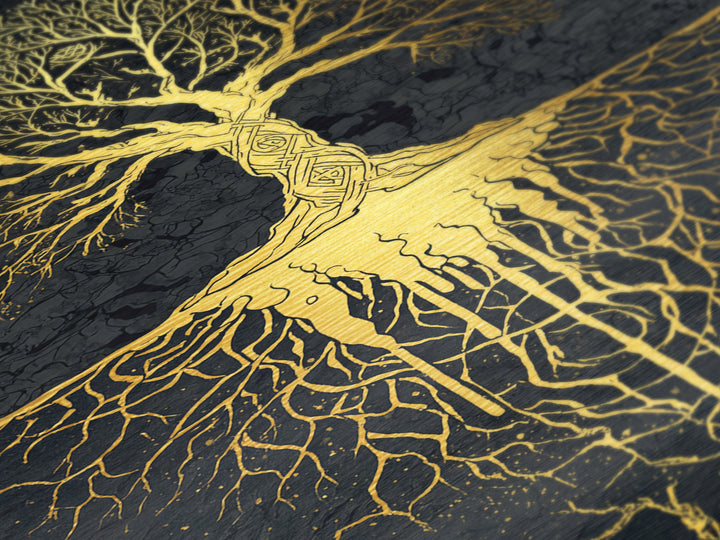 Norse Mythology Yggdrasil Tree Metallic Gold Art Metal Art Viking Decor Wall Art Nordic Symbolism Dad Gift Framed in Solid Wood