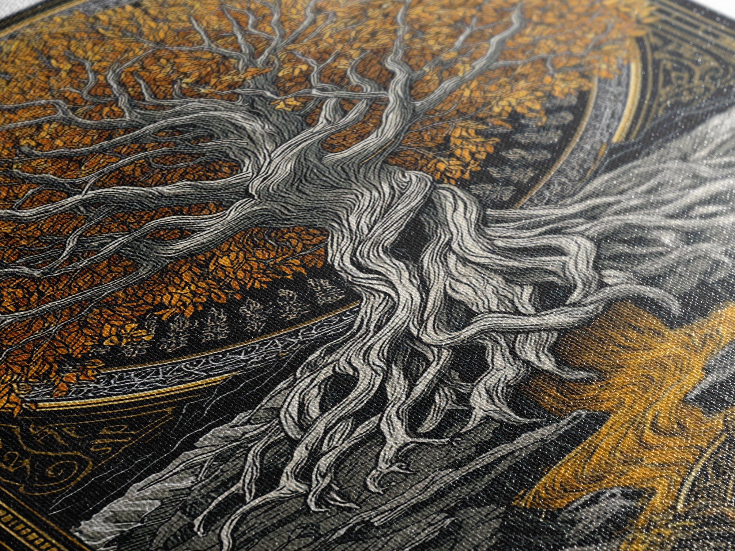 Nordic Yggdrasil Wall Decor Canvas Gold Art Canvas Art Norse Mythology Tree of Life Viking Style Office Art Framed in Real Wood