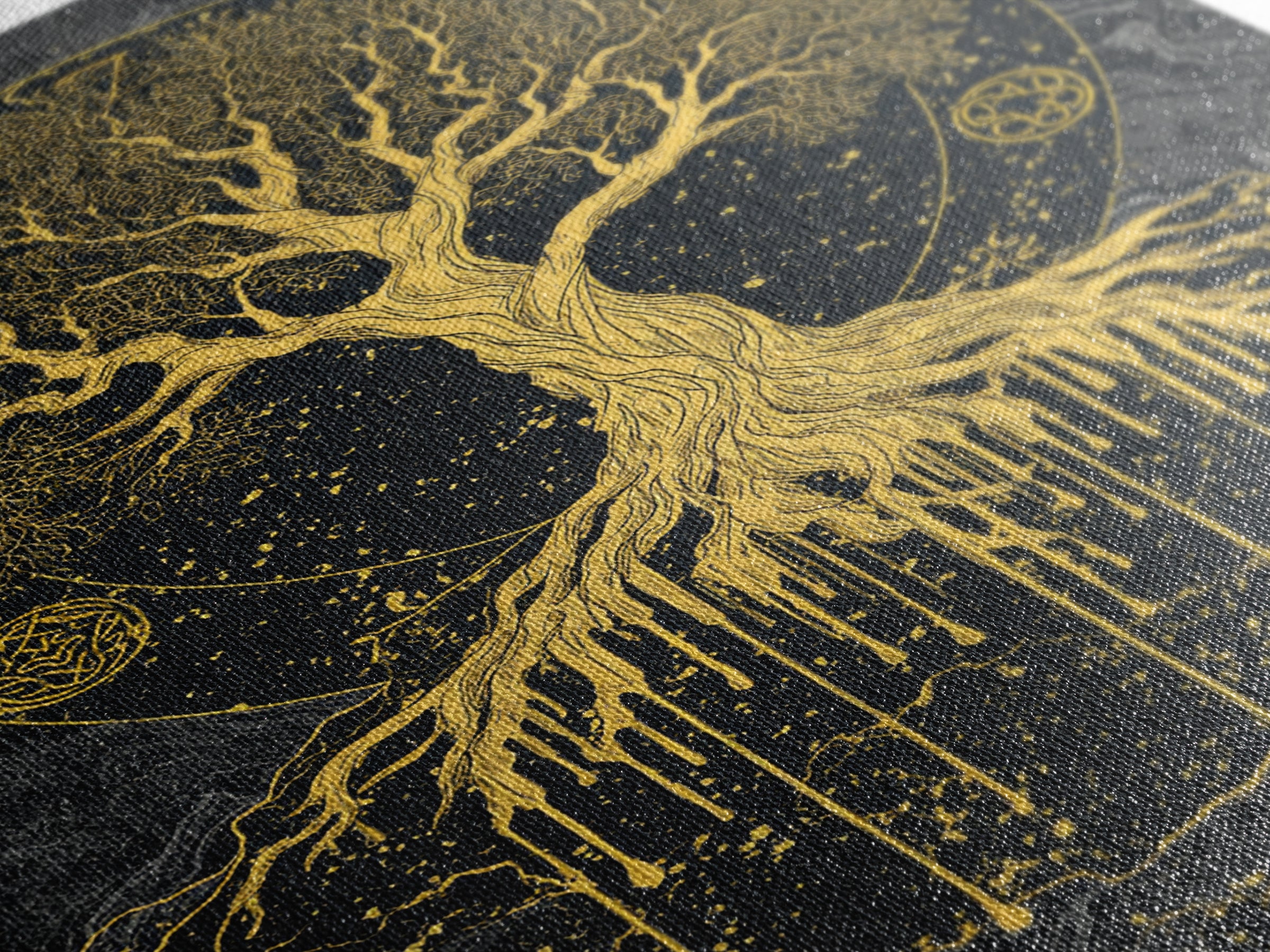 Yggdrasil Canvas Gold Art Canvas Art | Norse World Tree Design Framed in Natural Wood | Nordic Mythology Office & Man Cave Decor