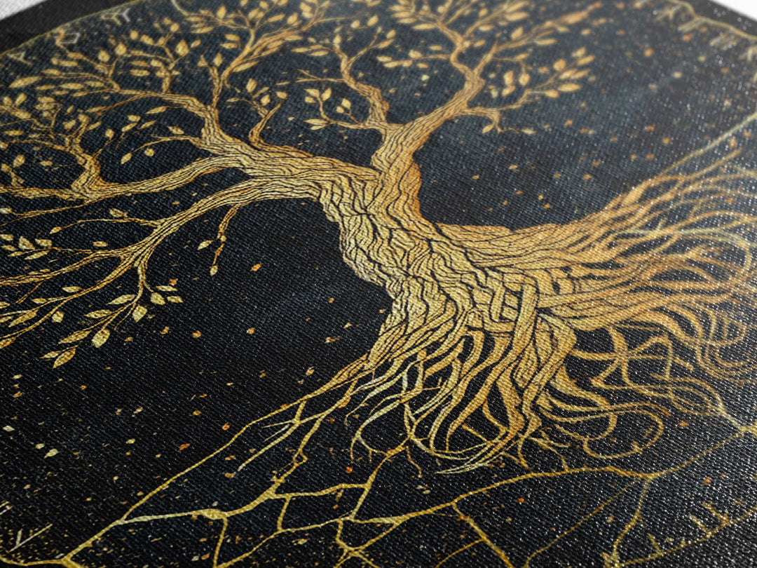 Yggdrasil Norse World Tree Canvas Gold Art Canvas Art Viking Mythology Wall Art Nordic Decor Dad Gift Framed with Natural Wood