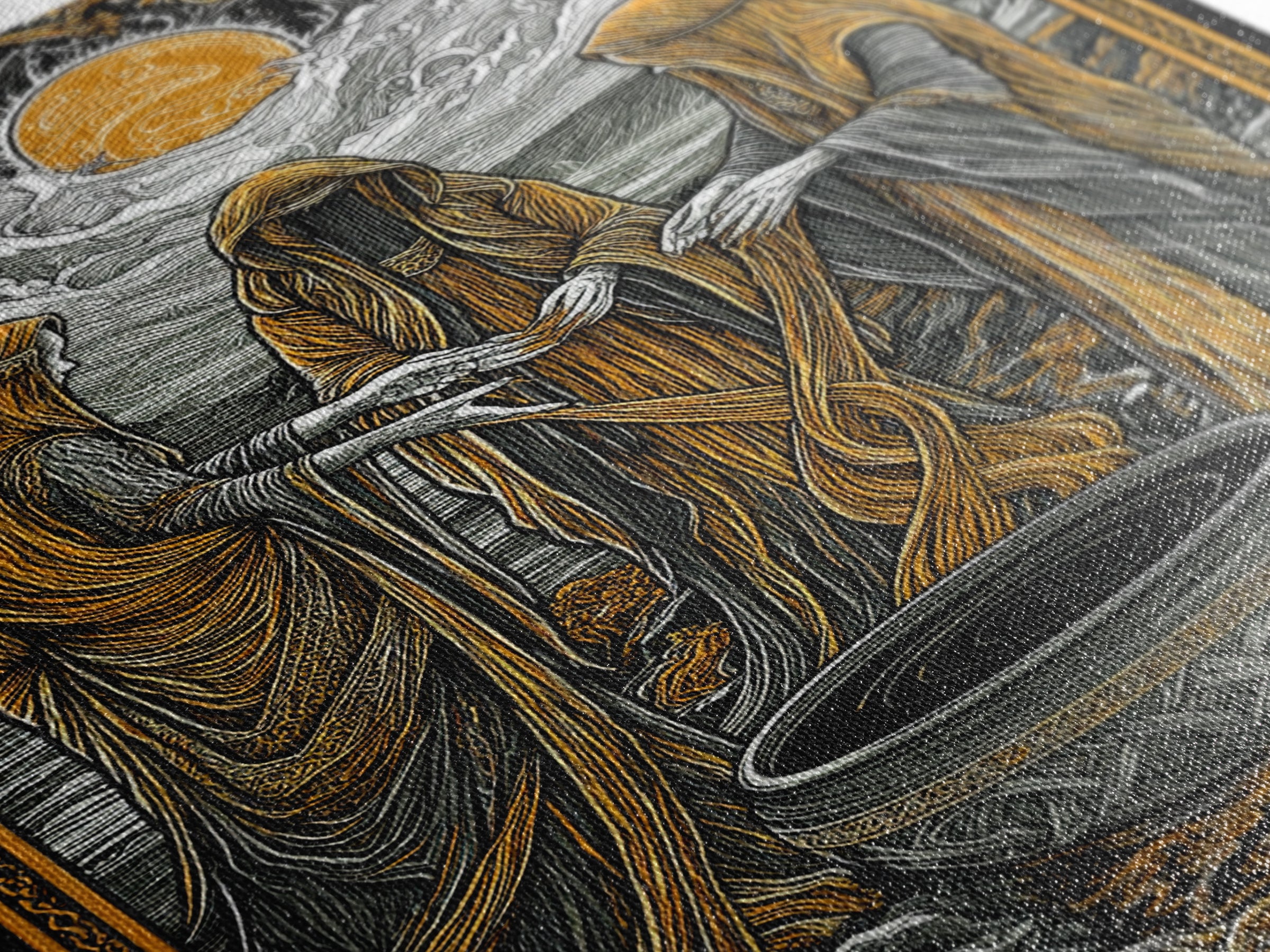 Norns Weaving Fate Canvas Gold Art, Norse Mythology Canvas Art of Urd, Verdandi, Skuld, Viking Wall Art framed in real wood