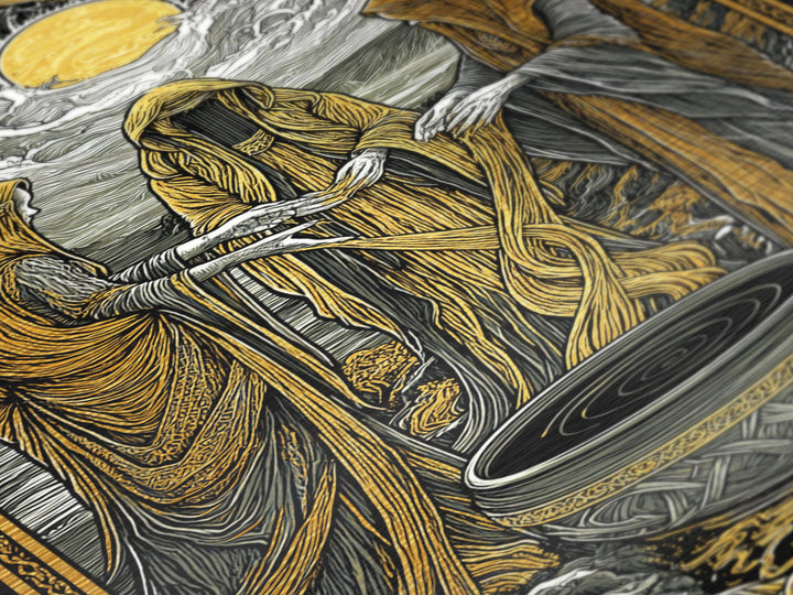 Norns Weaving Fate Metallic Gold Art, Norse Mythology Metal Art of Urd, Verdandi, Skuld, Viking Wall Art framed in real wood