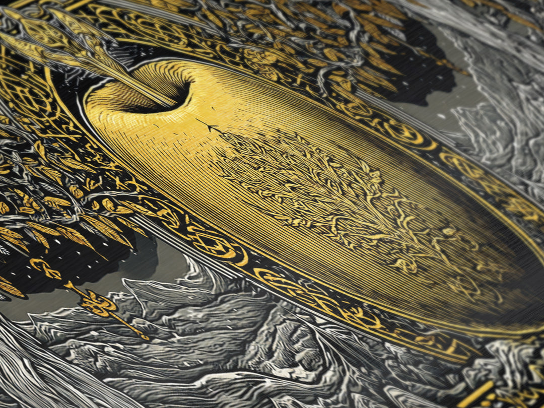 Norse Garden of Idunn Metallic Gold Art Viking Mythology Metal Art Nordic Apple Decor with real wood frame, Man Cave Wall Art