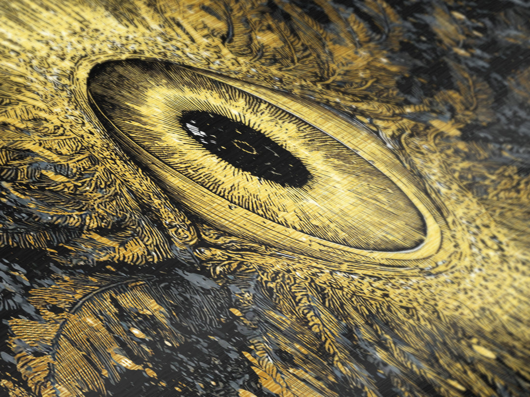 Odin’s All-Seeing Eye Metallic Gold Art Nordic Wall Decor Metal Art for Office or Man Cave, framed in natural wood