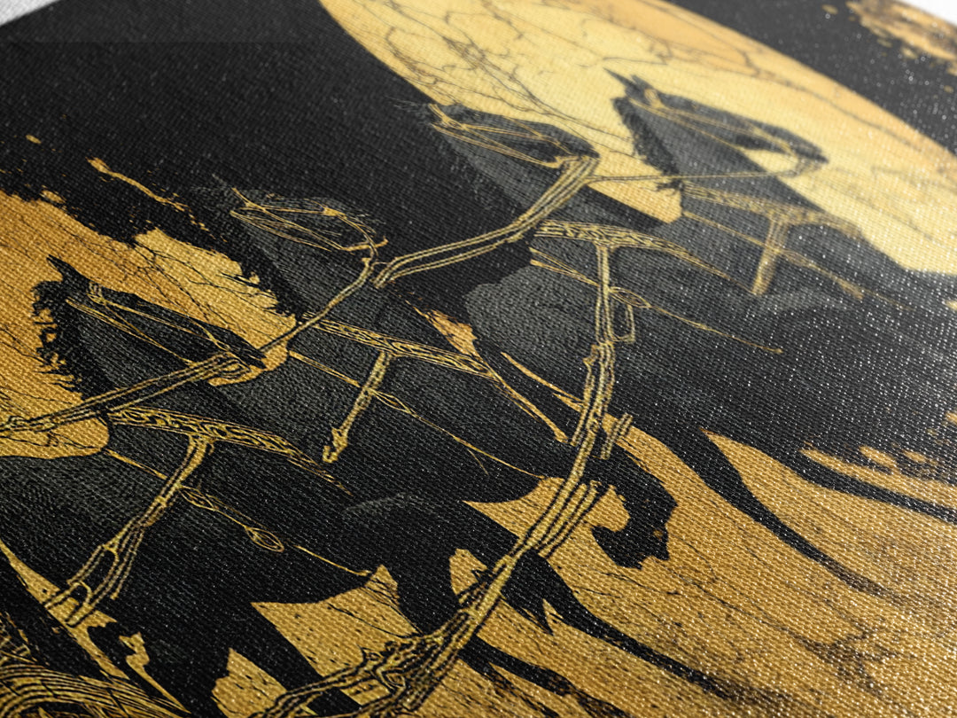 Sol’s Chariot Horses Canvas Gold Art Norse Mythology Canvas Art Wall Decor with wood frame, Viking Office or Man Cave