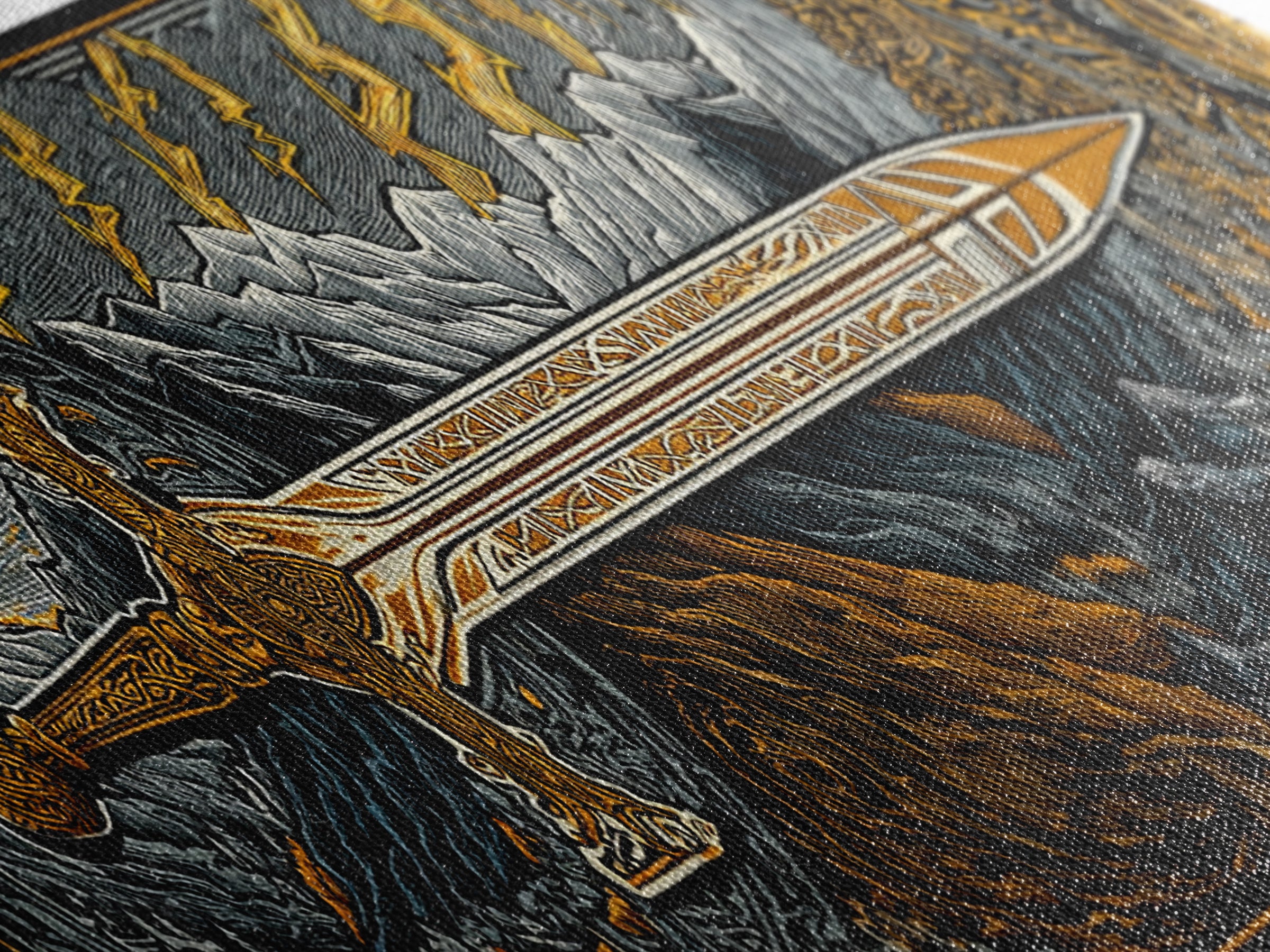 Norse Ornate Sword Canvas Gold Art Canvas Art Viking Mythology Wall Decor with real wood frame, Office Art for Men