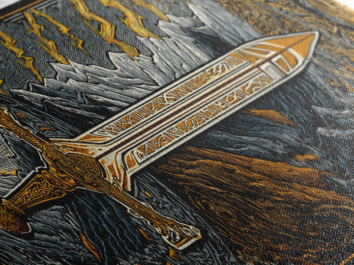 Norse Ornate Sword Canvas Gold Art Canvas Art Viking Mythology Wall Decor with real wood frame, Office Art for Men