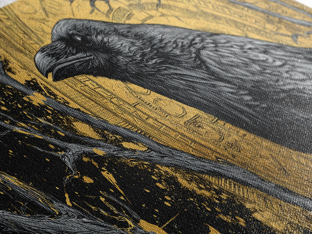 Canvas Art of Odin’s Raven Huginn Canvas Gold Art, Norse Mythology Decor with natural wood frame, Nordic Office or Dad Gift
