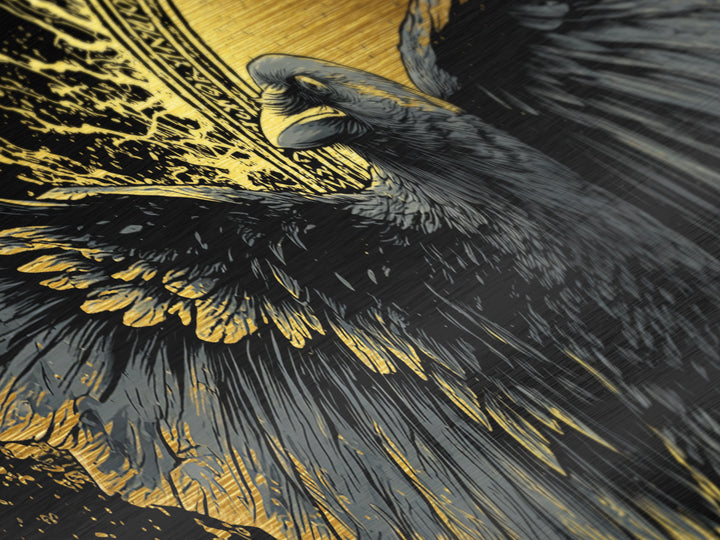 Odin’s Raven Huginn Muninn Metallic Gold Art Metal Art, Norse Mythology Office Art for Men, framed in authentic wood