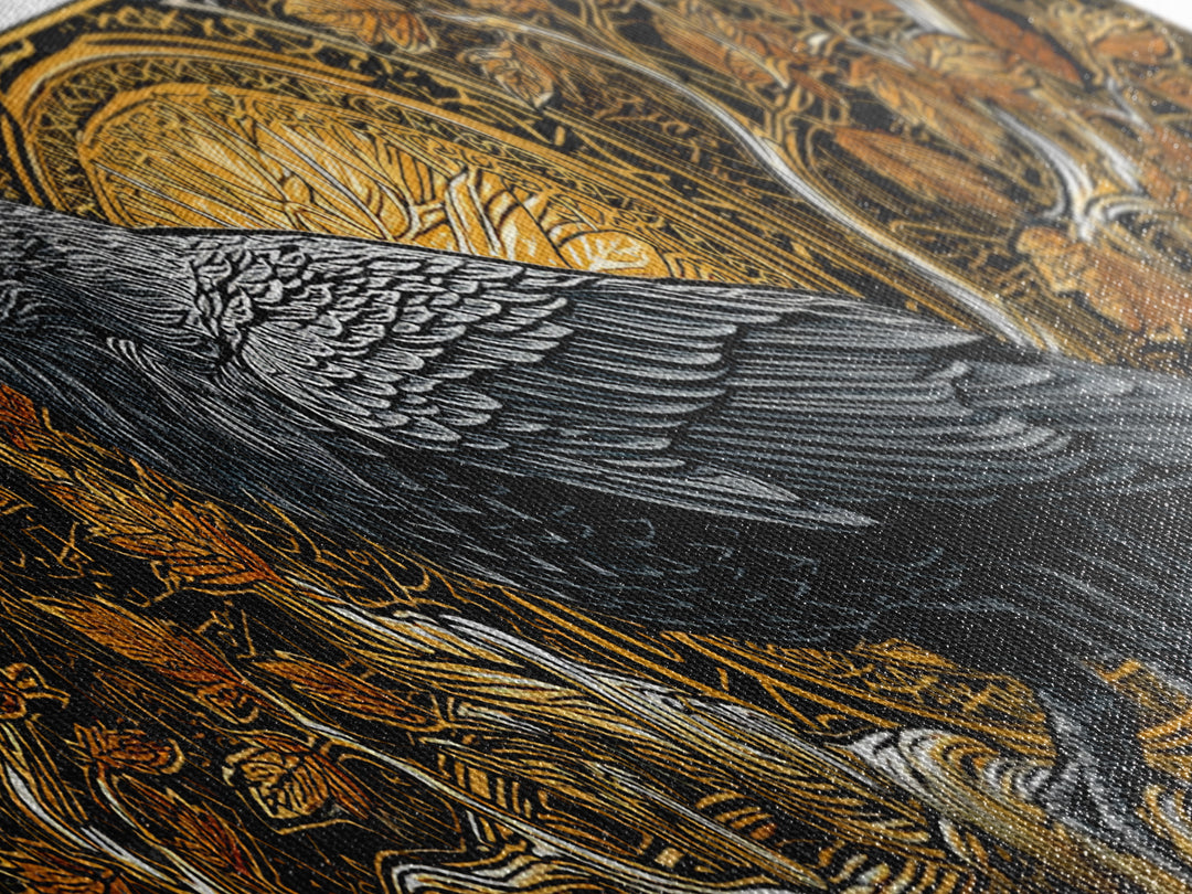 Canvas Gold Art Norse Raven Muninn Canvas Art, Viking Wall Decor framed in real wood, Nordic Mythology Office Art, Gift for Men