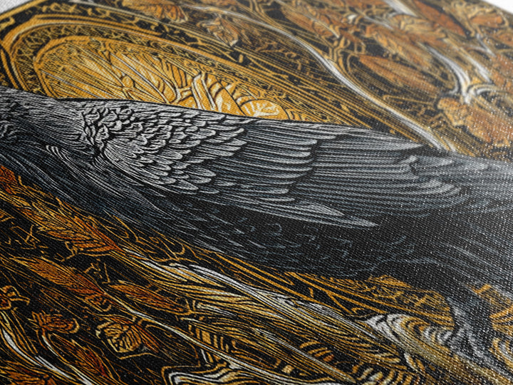Canvas Gold Art Norse Raven Muninn Canvas Art, Viking Wall Decor framed in real wood, Nordic Mythology Office Art, Gift for Men