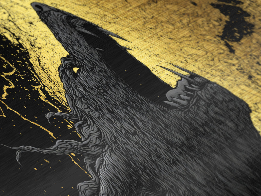 Fenrir Bound Norse Wolf Metallic Gold Art Metal Art, Nordic Mythology Office Decor for Men, framed in natural wood