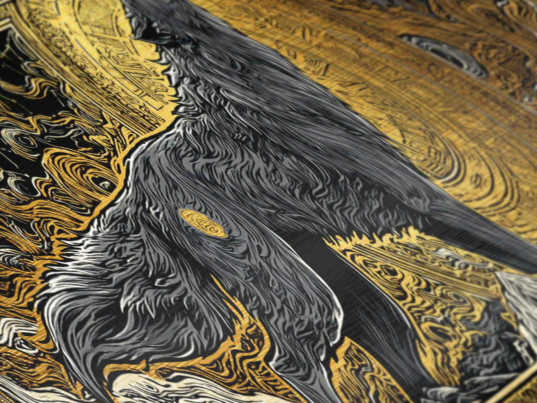 Fenrir Wolf of Ragnarok Metallic Gold Art Metal Art, Norse Mythology Office Decor Man Cave Wall Art, with real wood frame