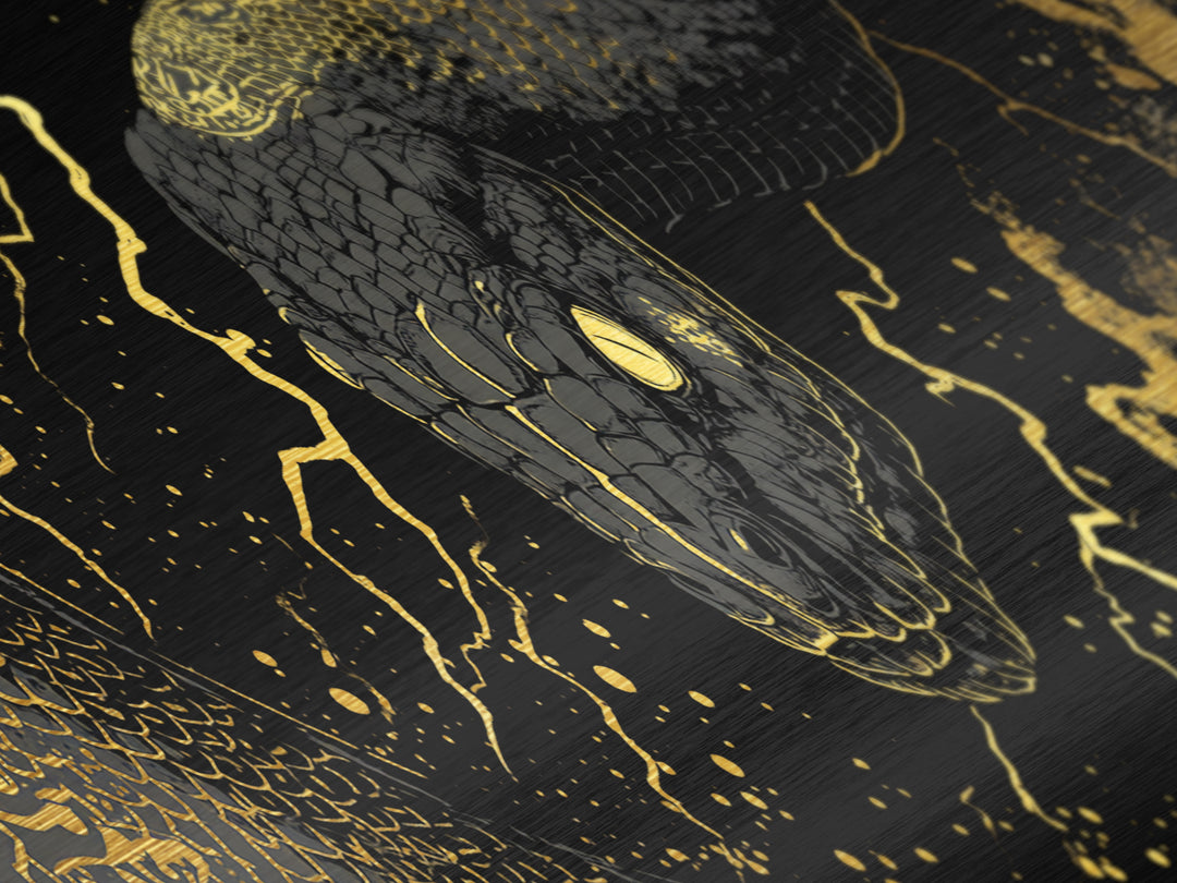 Jormungandr Serpent Metallic Gold Art, Norse Mythology Metal Art, Viking Decor for Men’s Office or Man Cave, Real Wood Frame