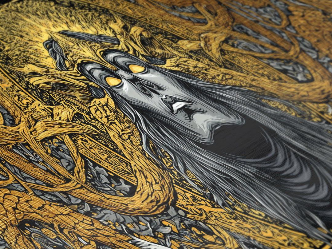 Norse Trickster Loki Metal Art, Metallic Gold Art for Viking Lovers, Nordic Mythology Office or Dad Gift, Framed in Natural Wood