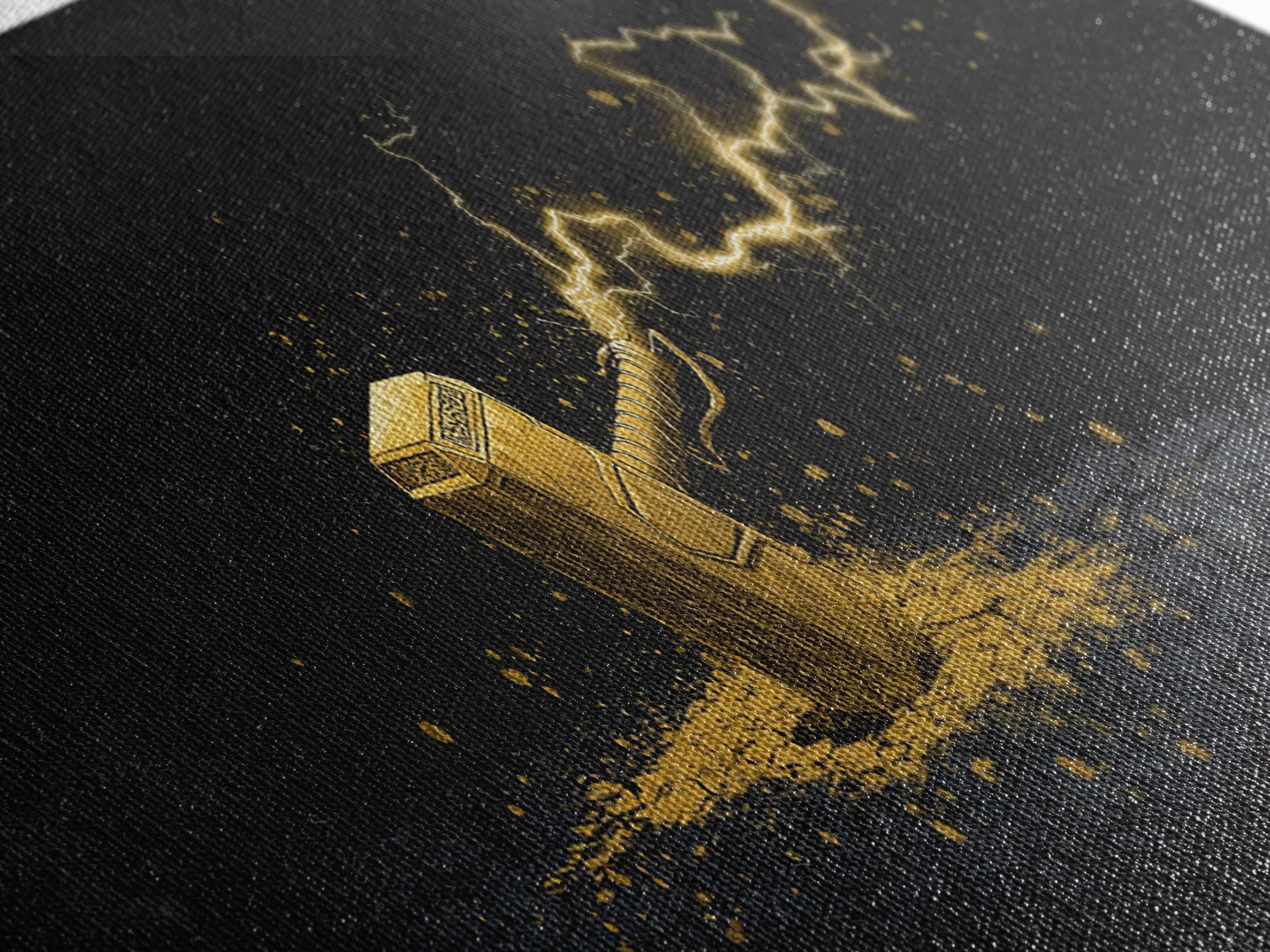Canvas Gold Art Canvas Art – Thor’s Mjolnir with Lightning, Nordic Mythology Office Wall Art Dad Gift, natural wood framed