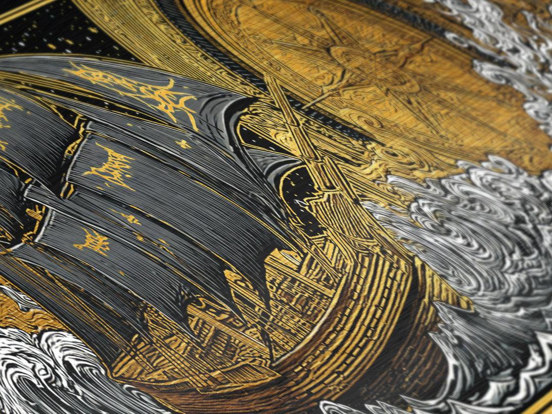 Nordic Naglfar Metallic Gold Art Metal Art – Viking Ship at Sea, Norse Mythology Wall Decor Dad Gift, framed in genuine wood