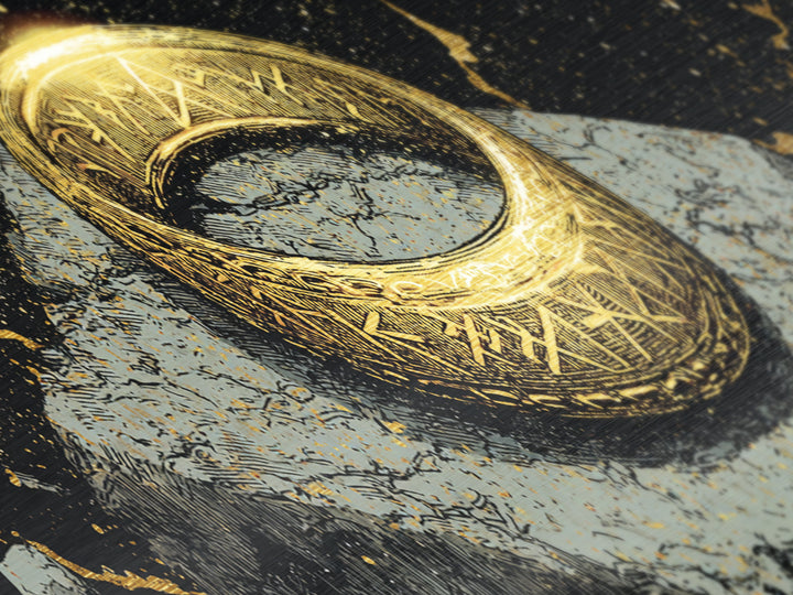 Norse Ring Metallic Gold Art Metal Art – Nordic Mythology Jewelry Symbol, Viking Inspired Wall Decor Office Gift, natural wood frame