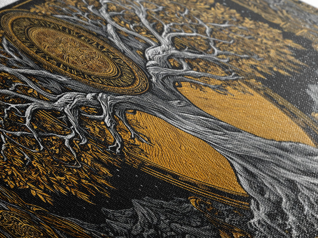 Yggdrasil Cosmic World Tree Canvas Gold Art Canvas Art Norse Decor for Man Cave or Dad Gift, with rustic real wood framing