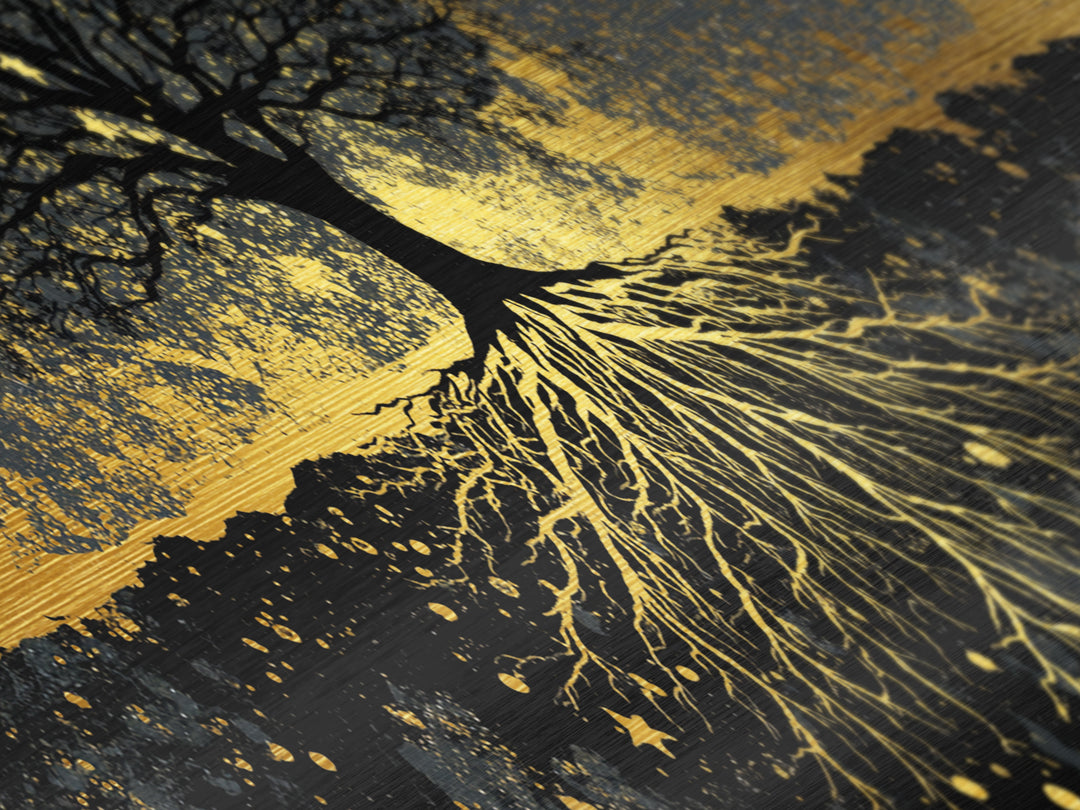Nordic Tree of Life Yggdrasil Metallic Gold Art Metal Art Norse Mythology Wall Decor, handcrafted in a premium real wood frame