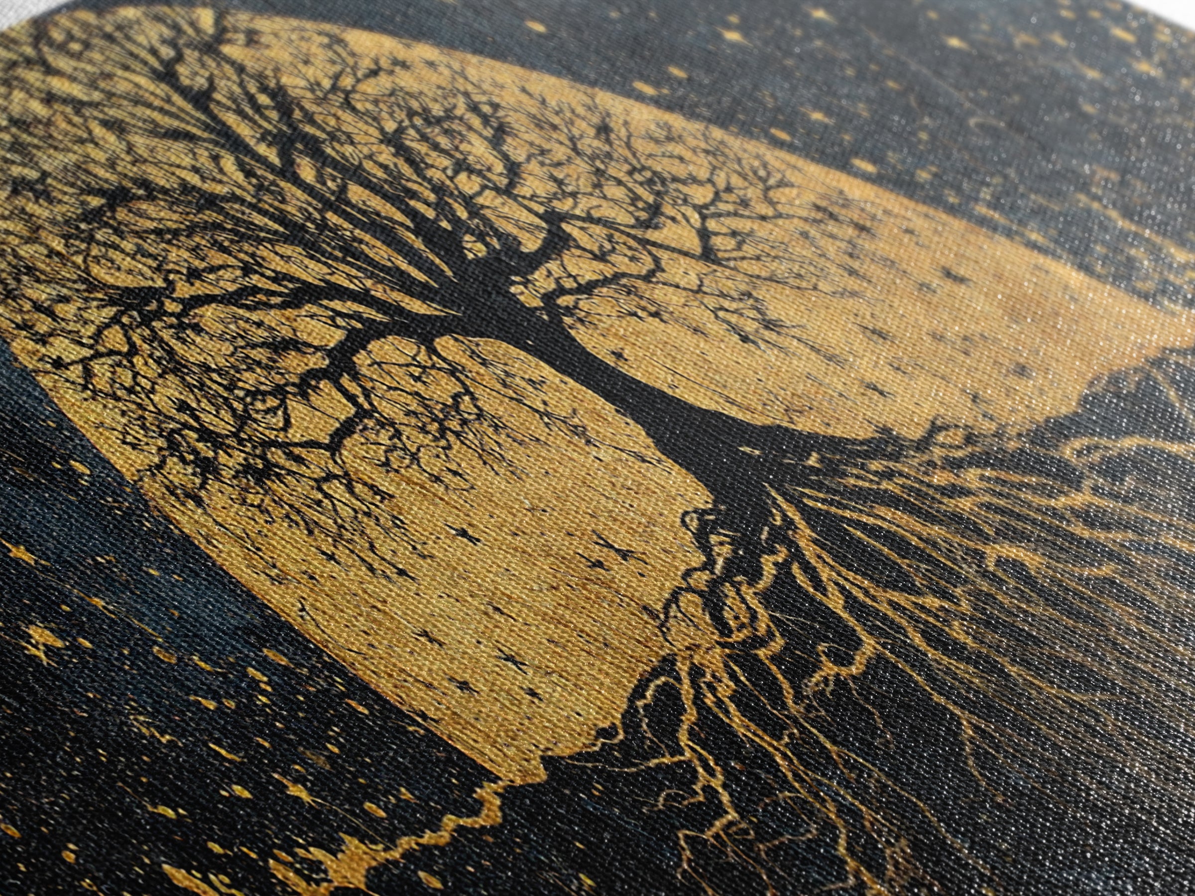 The World Tree Norse Yggdrasil Canvas Gold Art Canvas Art Cosmic Wall Decor for Office or Man Cave, framed in natural wood