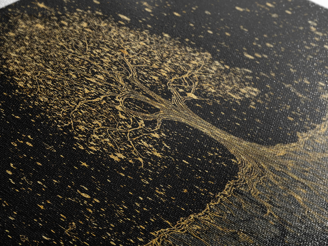 The World Tree Yggdrasil Canvas Gold Art Canvas Art Norse Mythology Wall Decor for Men’s Office, framed in solid natural wood