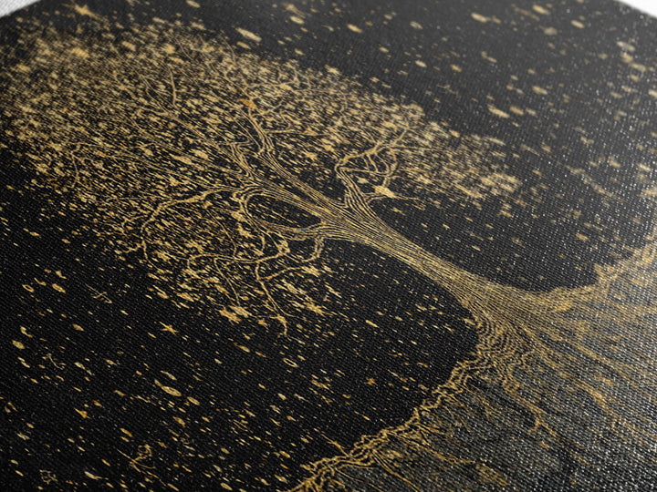 The World Tree Yggdrasil Canvas Gold Art Canvas Art Norse Mythology Wall Decor for Men’s Office, framed in solid natural wood