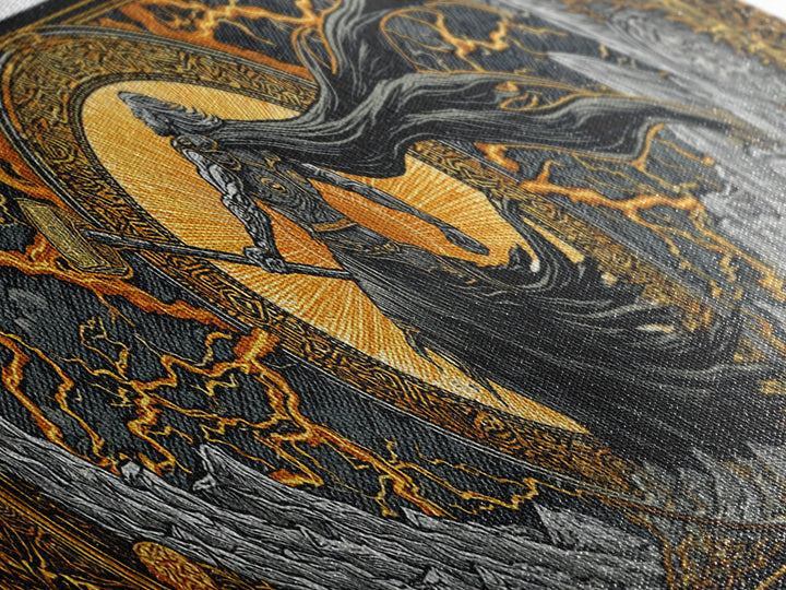 Thor God of Thunder Canvas Gold Art Canvas Art Viking Wall Decor Norse Mythology Decor, with natural handcrafted wood framing