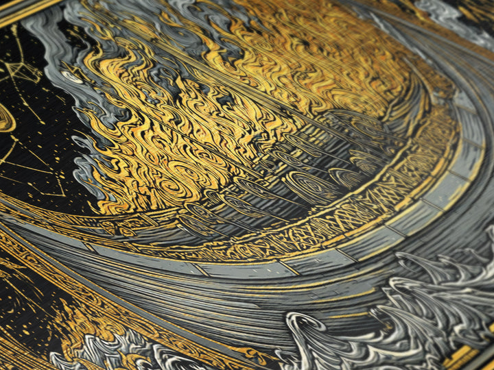 Norse Viking Longship Metallic Gold Art Metal Art, Mythology Office Wall Decor with real wood frame, Unique Gift for Men